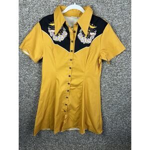 BoozeLele Western Dress Mustard Yellow Bee Daisy Dress 100% cotton Sz Large
